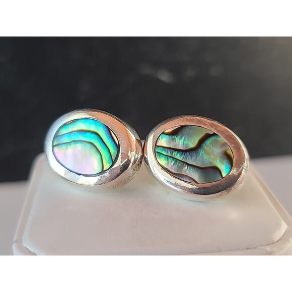 Mexican 925 Sterling Silver Abalone Shell Oval Shaped Pierced Earrings Vintage - Picture 3 of 10
